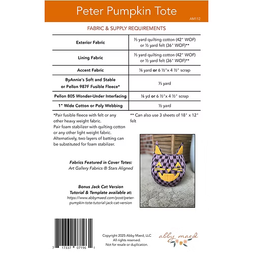 Peter Pumpkin Tote Paper Pattern