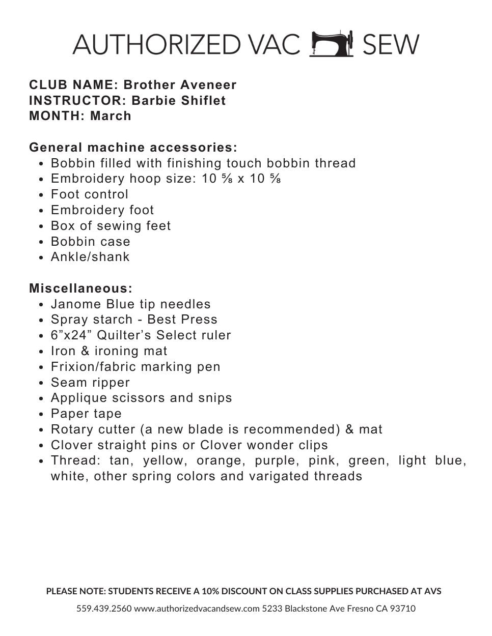 Aveneer Club 3/6/26 9:00 a.m. -12:30 p.m.