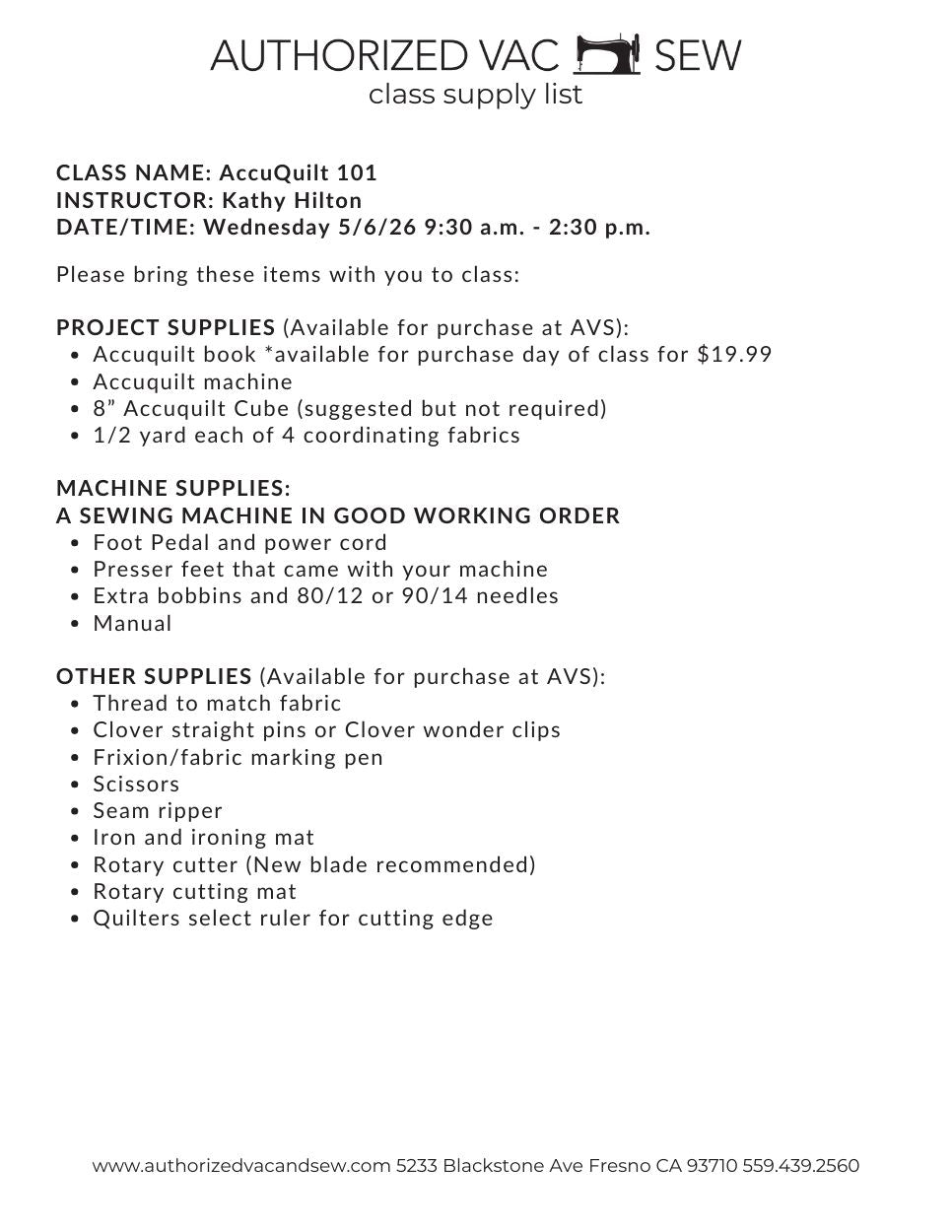 Accuquilt 101 5/6/26 9:30a - 2:30p