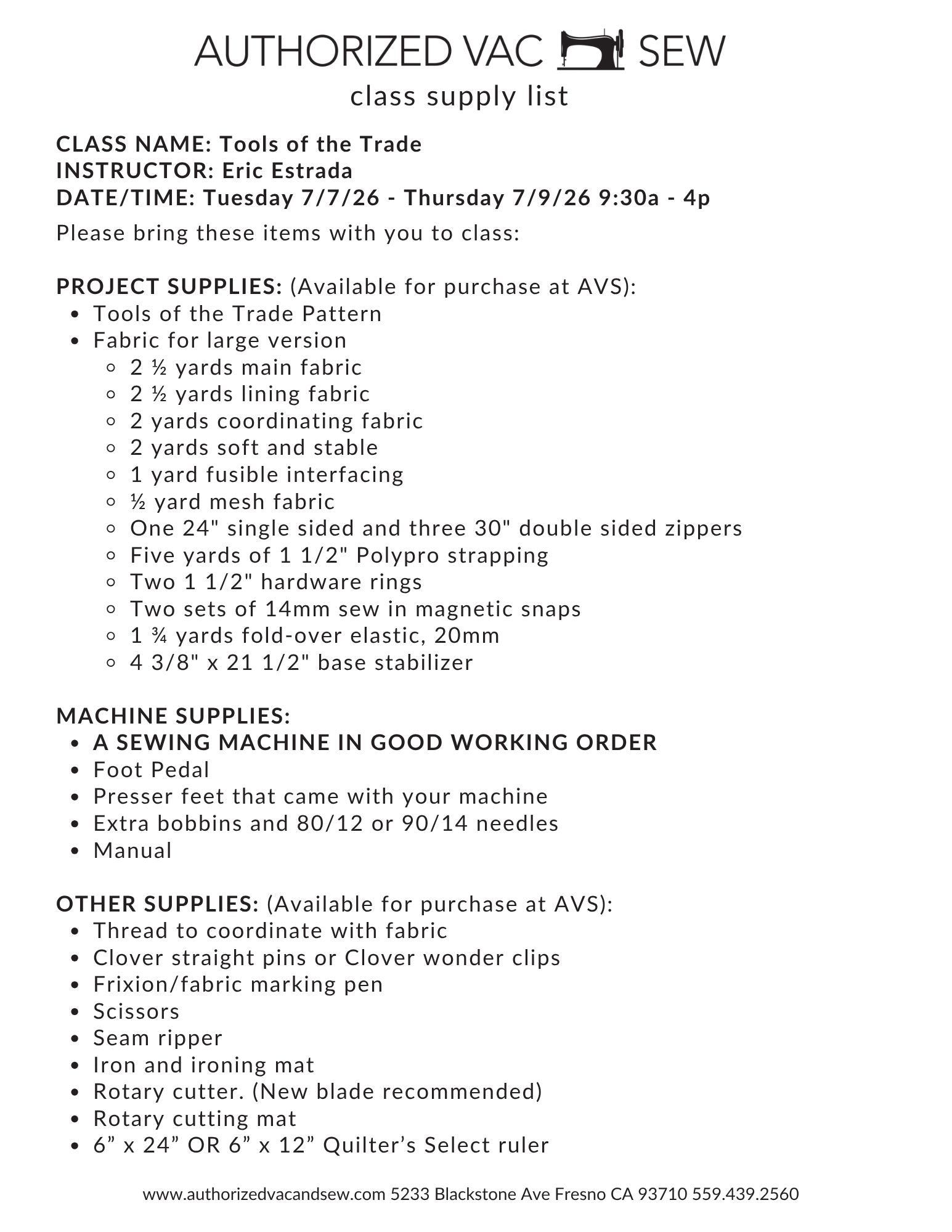 Tools of the Trade Bag 7/7/26, 7/8/26 and 7/9/26 9:30a - 4p
