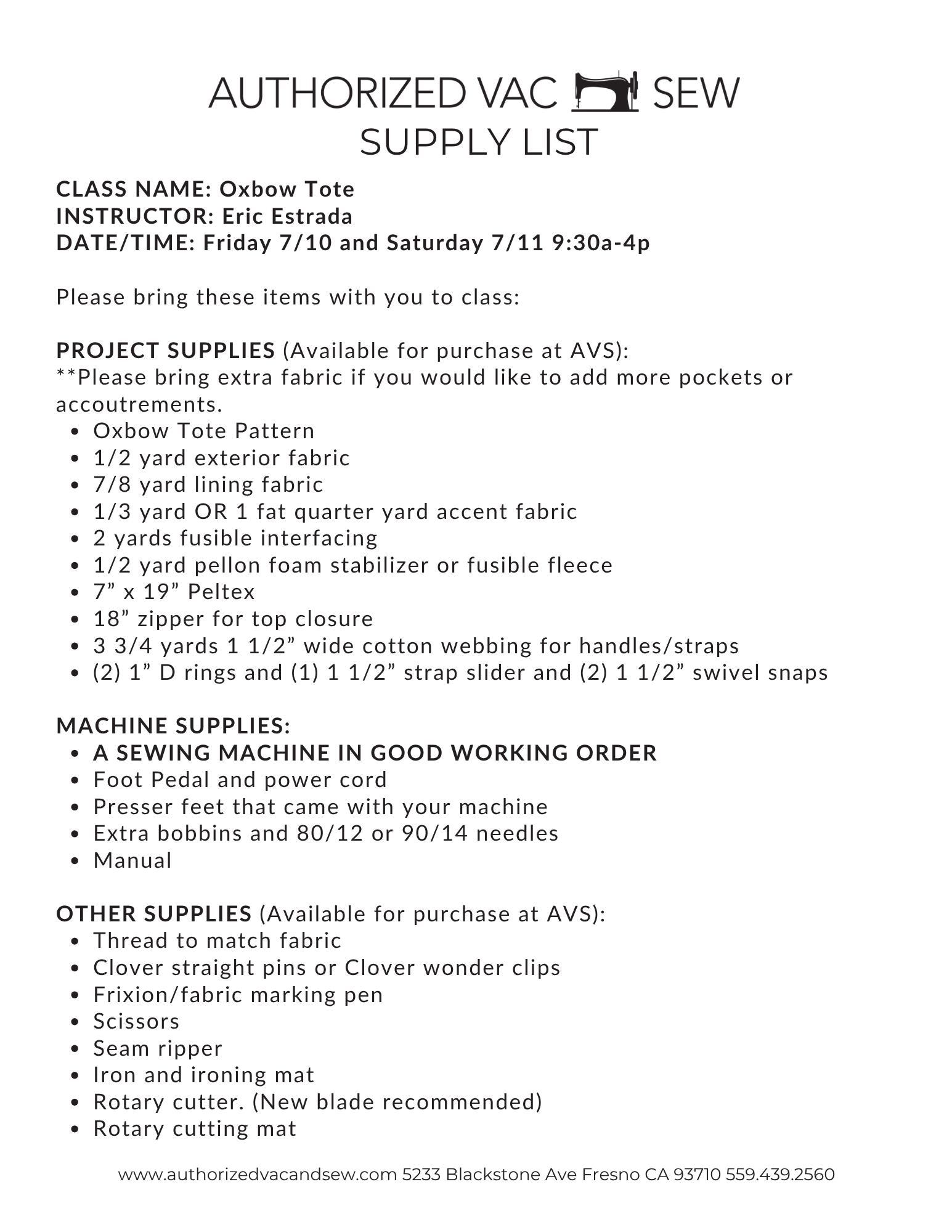 Oxbow Tote 7/10/26 and 7/11/26 9:30a – 4p