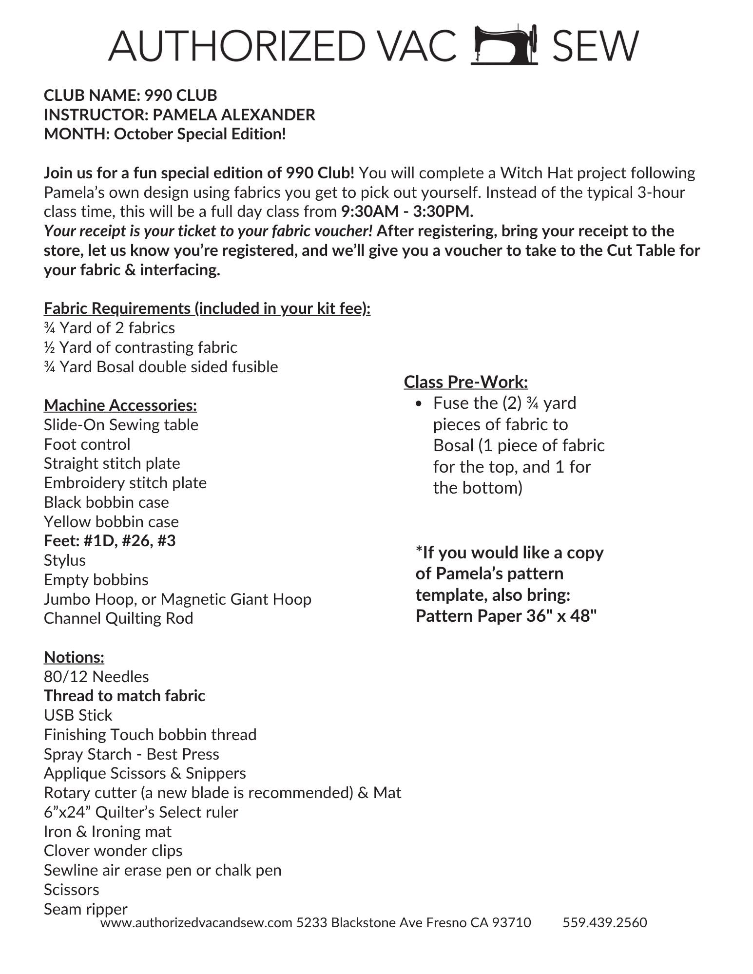 BERNINA 990 Club 10/10/26 9:30a - 3:30p