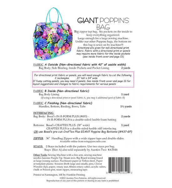 Aunties Two Giant Poppins Bag Pattern with Stays (AT649)