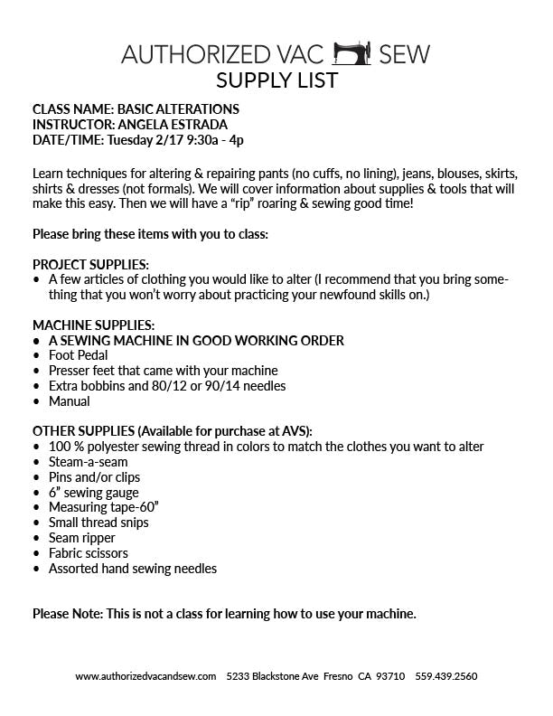 Basic Alterations 2/17/26 9:30a – 4:30p