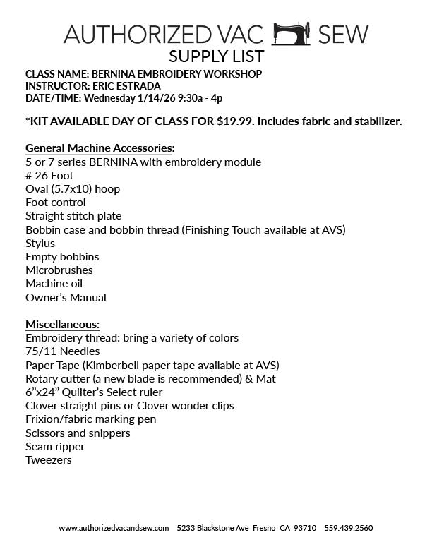 BERNINA 5 and 7 Series Embroidery Workshop 1/14/26 9:30a - 4p