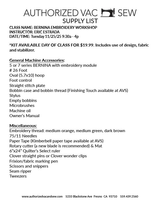 BERNINA 5 and 7 Series Embroidery Workshop 11/25/25 9:30a - 4p