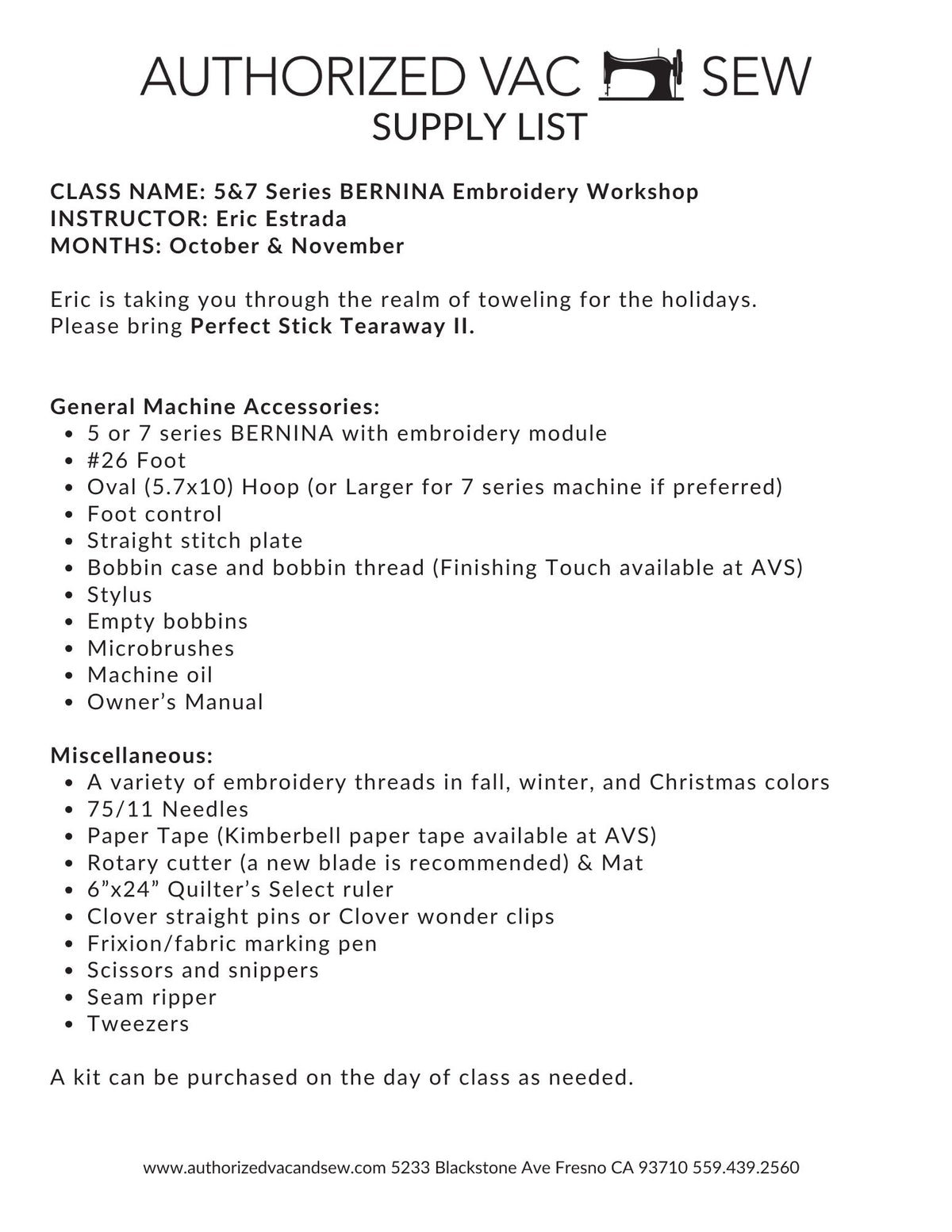 BERNINA 5 and 7 Series Embroidery Workshop 11/24/26 9:30a - 4p