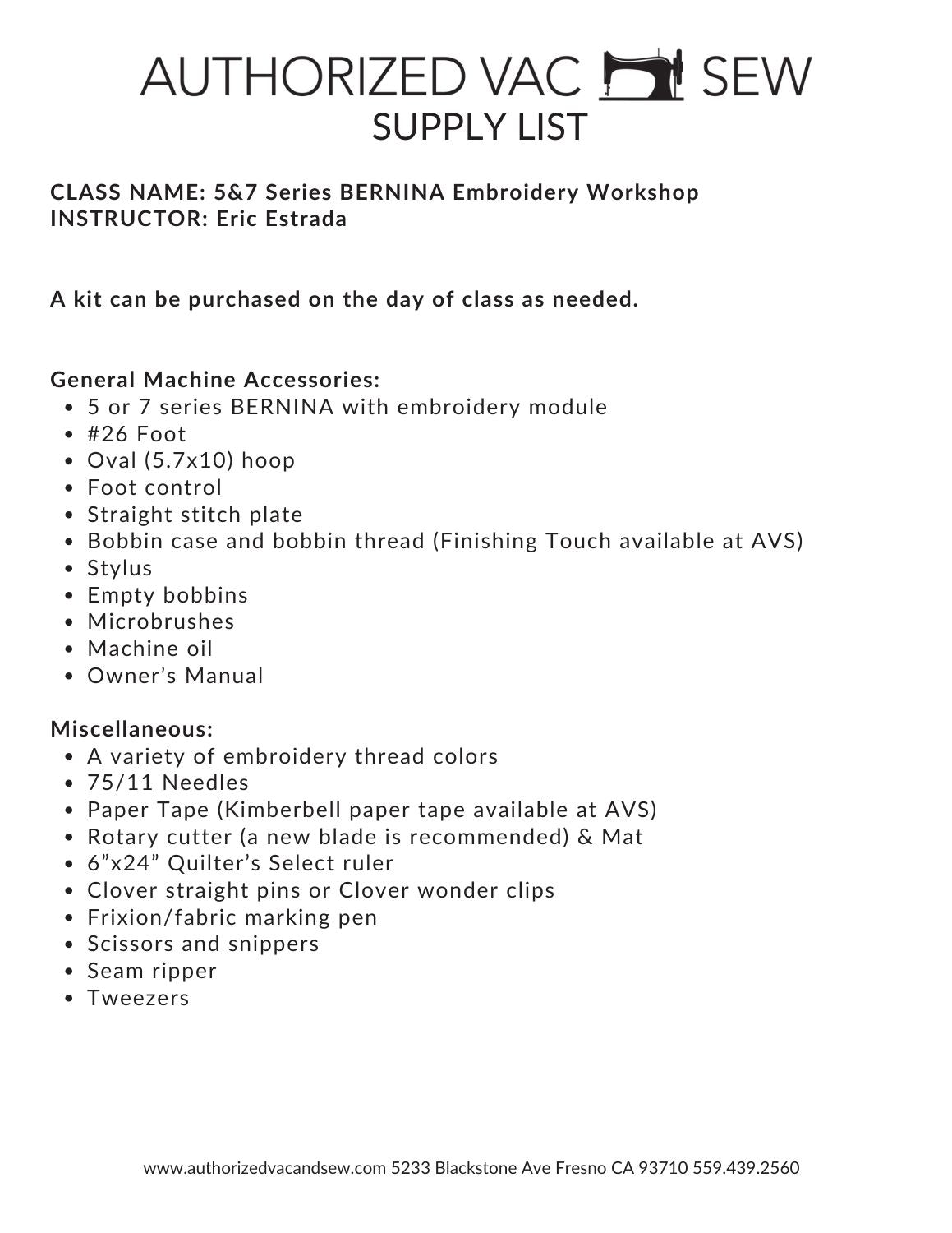 BERNINA 5 and 7 Series Embroidery Workshop 5/27/26 9:30a - 4p