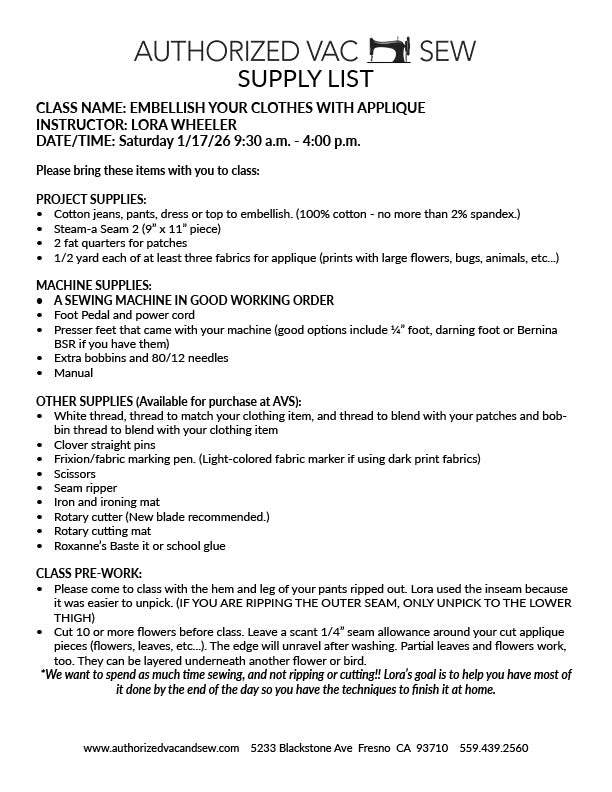 Embellish your Clothing with Applique! 1/17/26 9:30am – 4:00pm