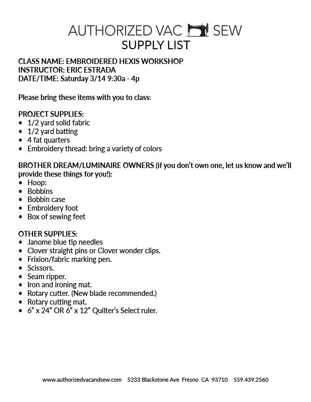 Embroidered Hexis Workshop 3/14/26 9:30a - 4p