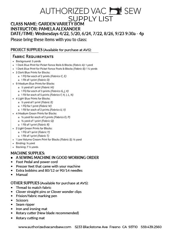 Garden Variety Quilt BOM 4/29/26, 5/20/26, 6/24/26, 7/22/26, 8/26/26, 9/23/26 9:30a - 4p