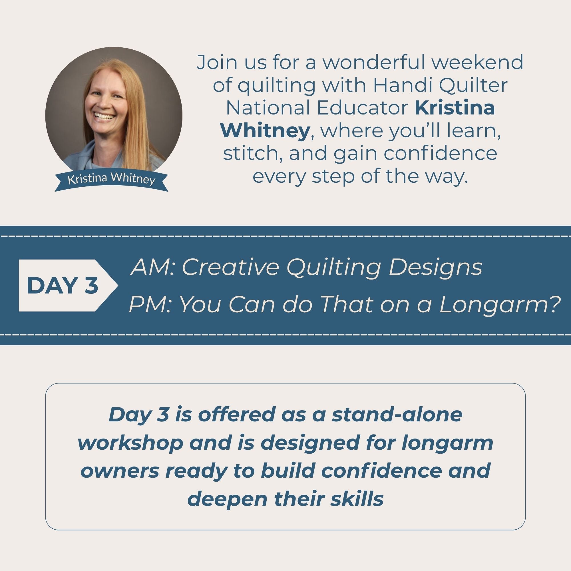 Handi Quilter Hands-On Training: Day 3 8/29/26 9:30AM-4PM