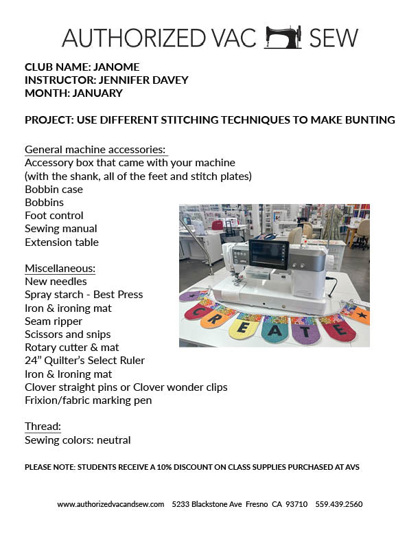 Janome Club 1/10/26 9:00 a.m. – 12:30 p.m.