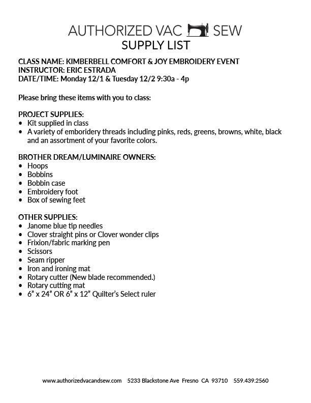 Kimberbell Comfort and Joy Embroidery Event 12/1/25 and 12/2/25 9:30a – 4p