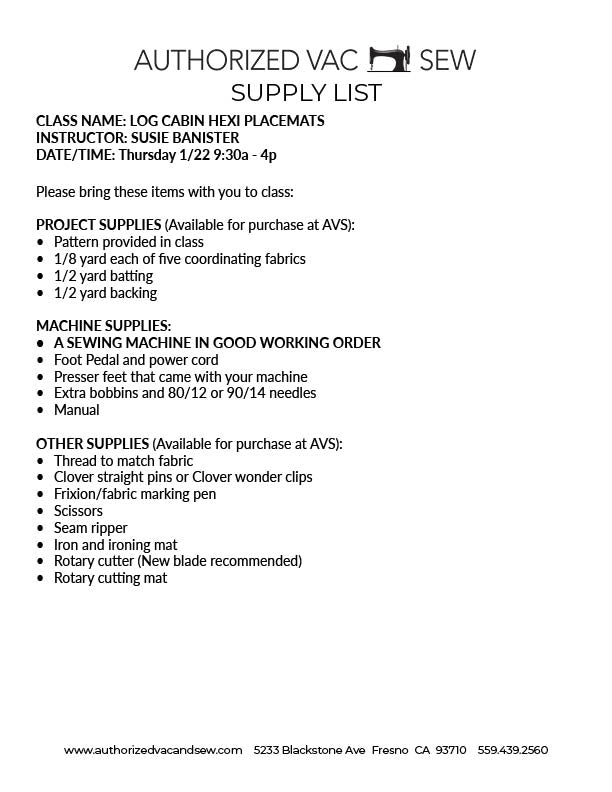 Hexi Placemats 1/22/26 9:30a - 2p