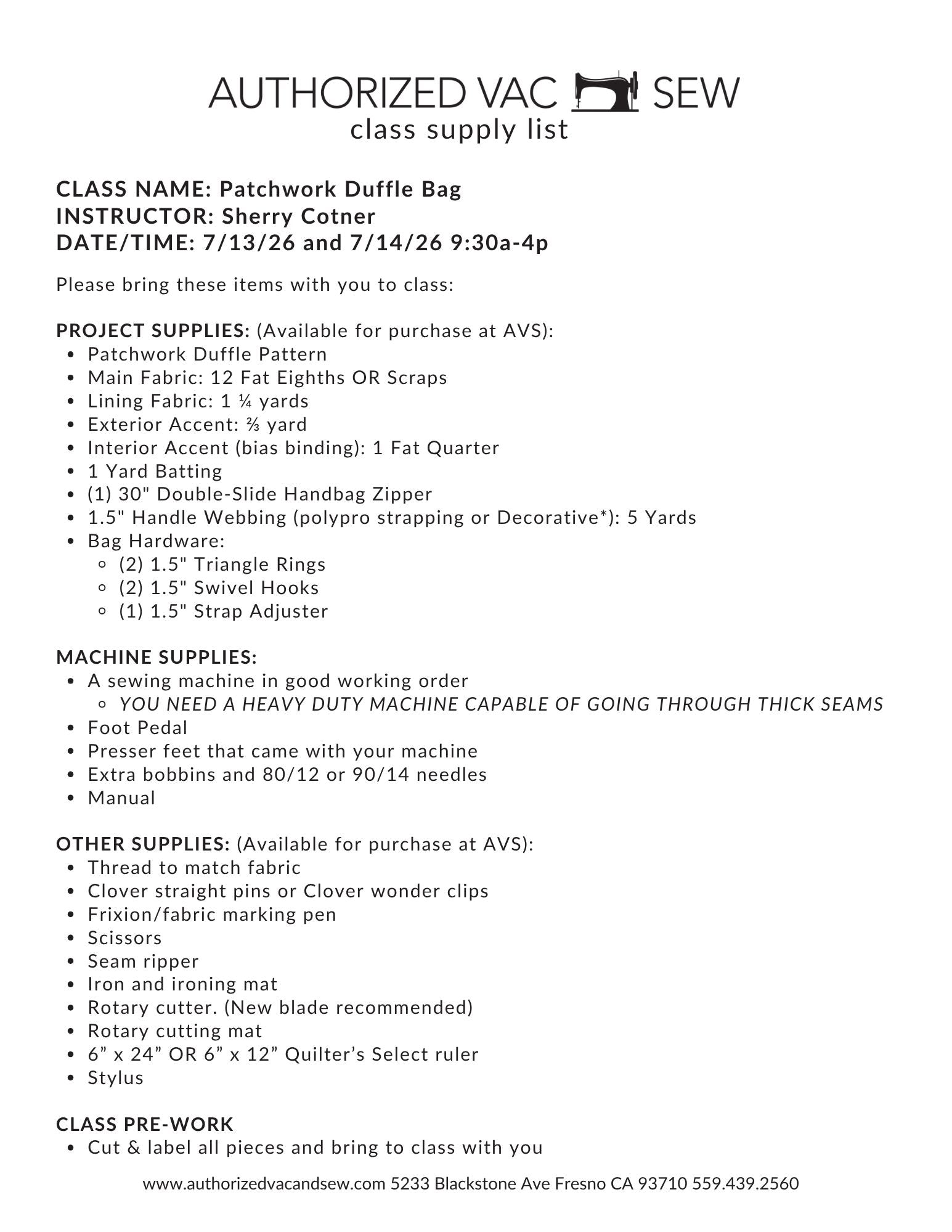 Patchwork Duffle Bag 7/13/26 and 7/14/26 9:30a-4p