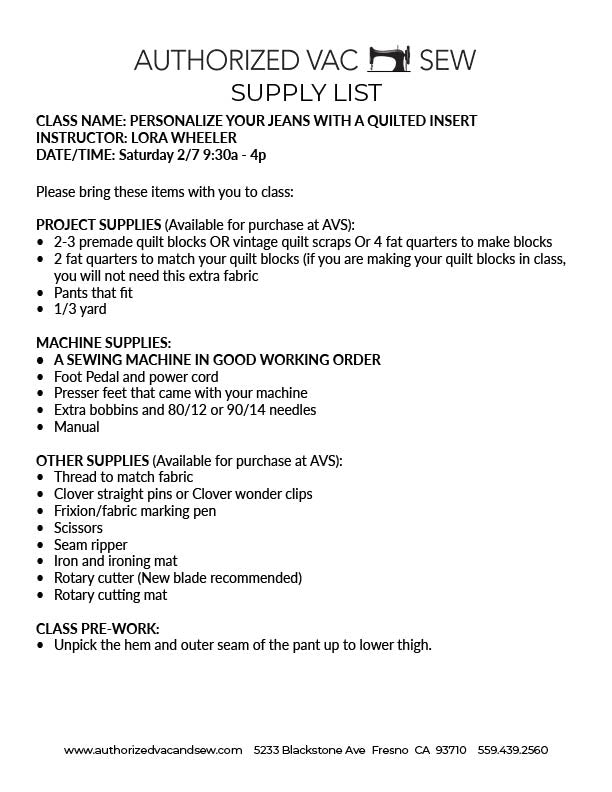 Personalize Your Jeans With a Quilted Insert 2/7/26 9:30am – 4:00pm