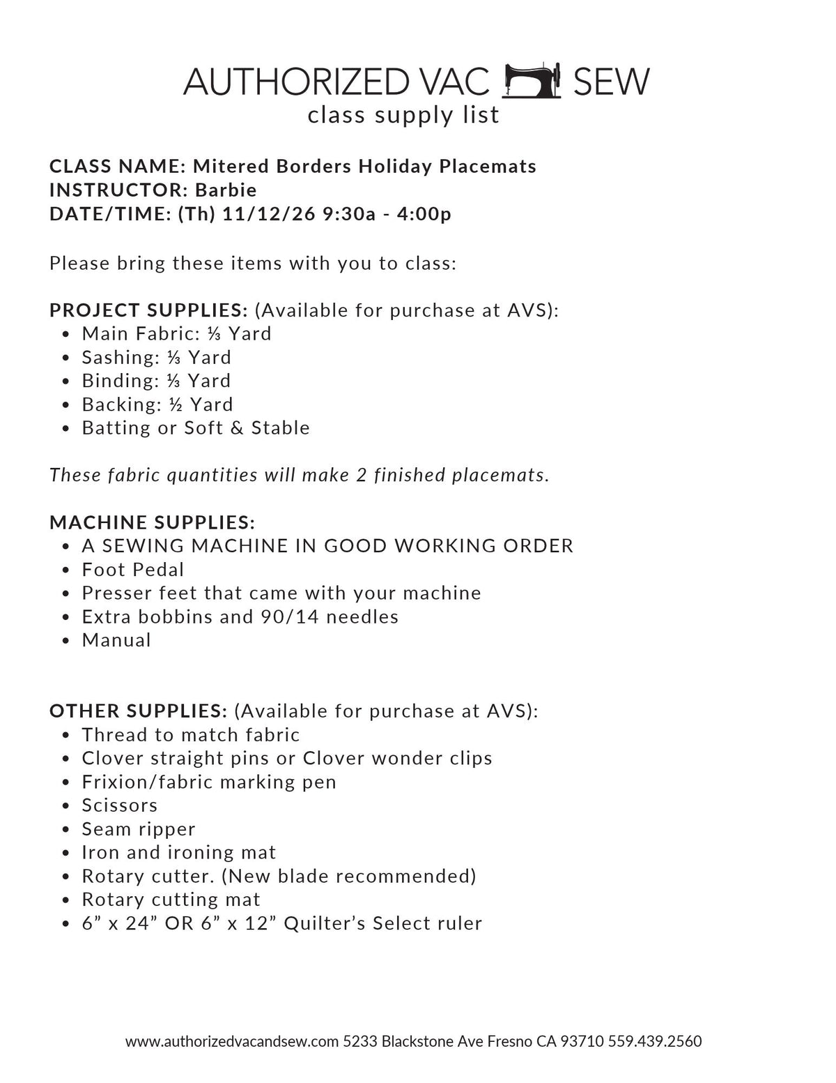 Mitered Border Holiday Placemats 11/12/26 9:30a-4p