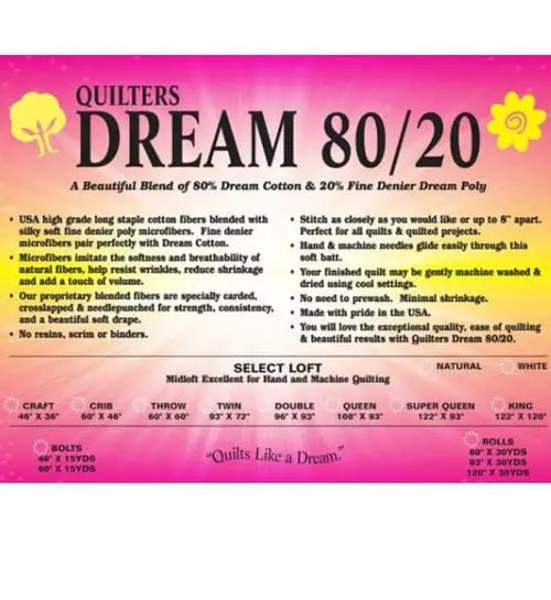 Quilters Dream 80/20 Cotton-Poly Batting - Soft, Lofty, & Easy to Quilt
