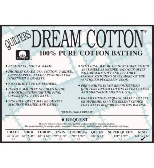 Quilters Dream Cotton Request Batting - Low Loft, 100% White Cotton