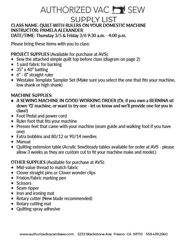 Learn to Quilt with Rulers on a Domestic Machine 3/5/26 and 3/6/26 9:30a - 4p