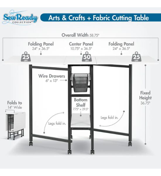 Sew Ready Mobile Folding Craft & Cutting Table with Storage