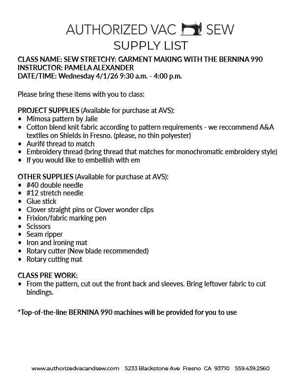 Sew Stretchy: Garment Making with the BERNINA 990 4/1/26 9:30a - 4p