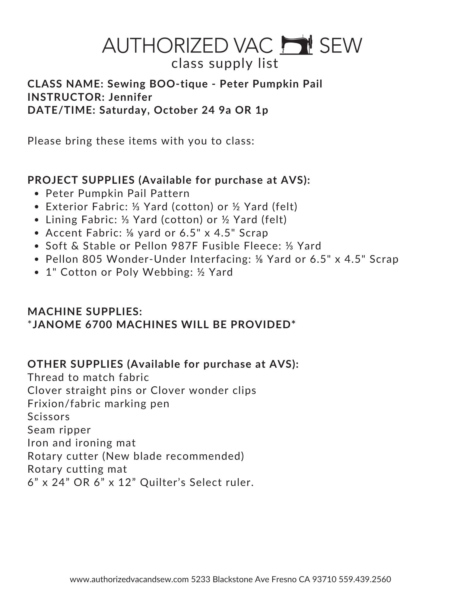 Sewing Boo-tique Series: Peter Pumpkin Pail 10/23/26 1p-4p