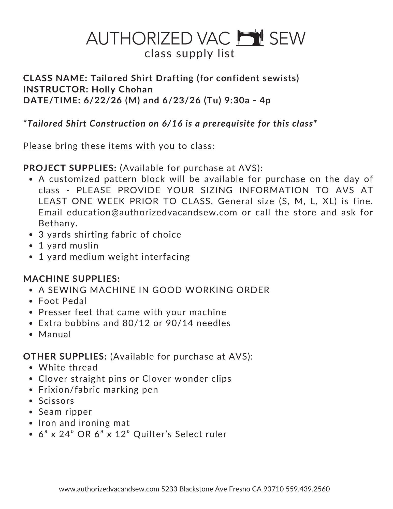 Tailored Shirt Drafting 6/22/26 and 6/23/26 9:30a - 4p