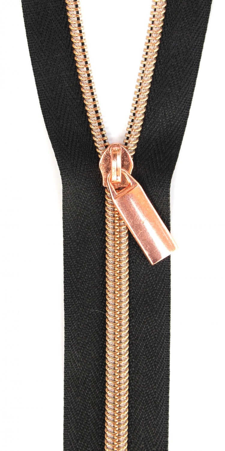 Black #5 Nylon Rose Gold Coil Zippers: 3 Yards with 9 Pulls