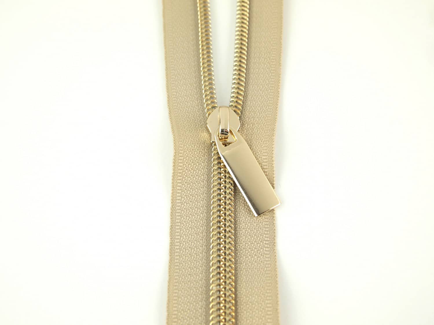 Beige #5 Nylon Gold Coil Zippers: 3 Yards with 9 Pulls