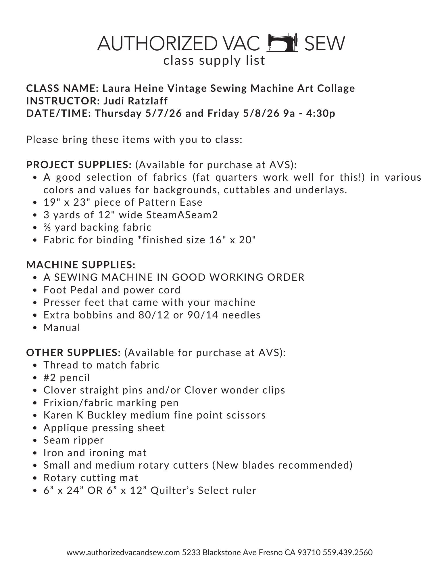 Laura Heine Vintage Sewing Machine Collage Quilt 5/7/26 and 5/8/26 9a – 4:30p