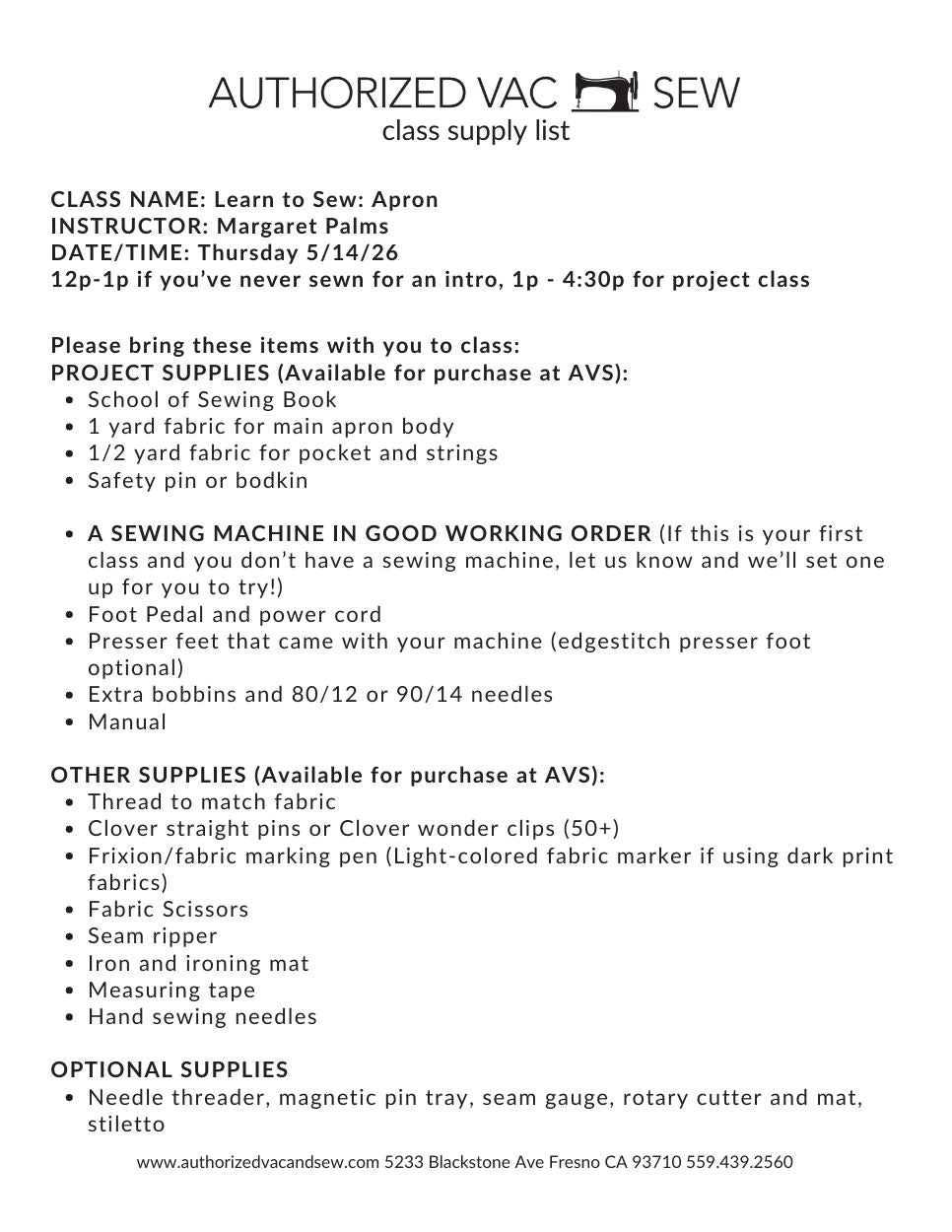 Learn to Sew: Apron 5/14/26 1:00p - 4:30p