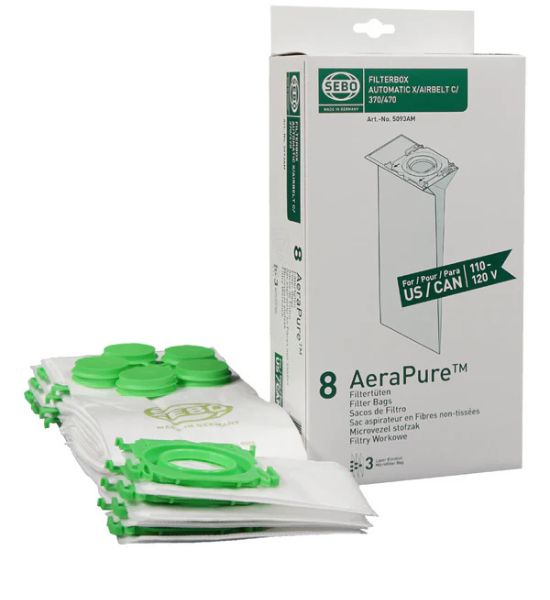 Sebo 5093AM Ultra Bags – 8-Pack with Caps | Fits X, G, C, 300, 350, 370 Series