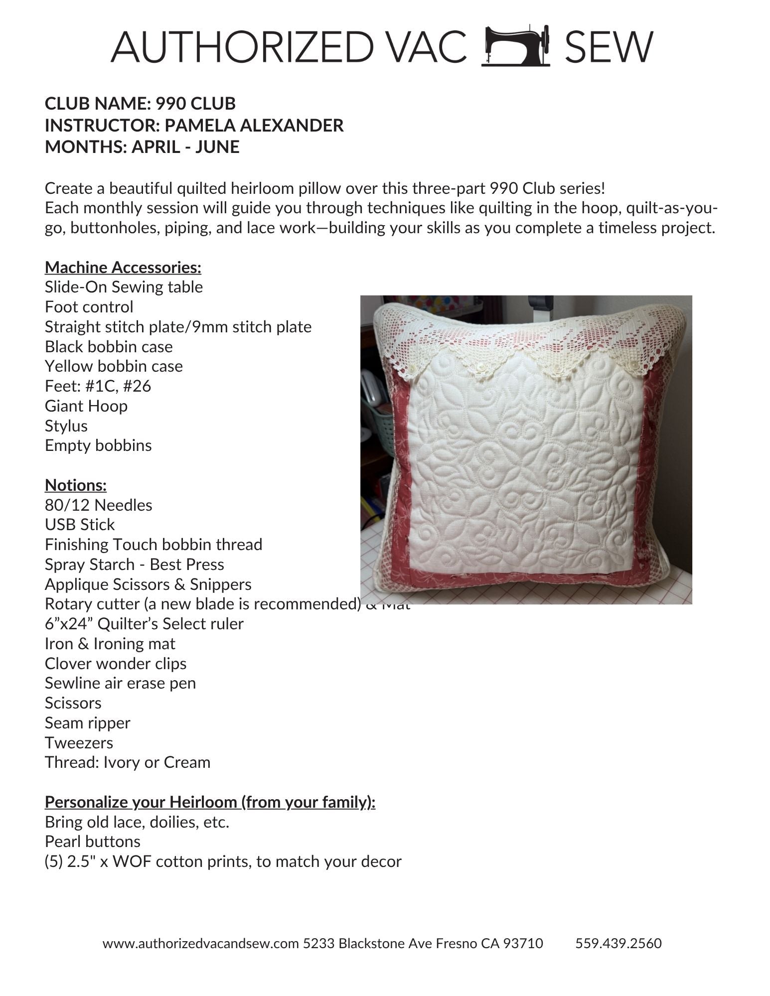 BERNINA 990 Club 4/18/26 9:00 a.m. - 12:30 p.m.