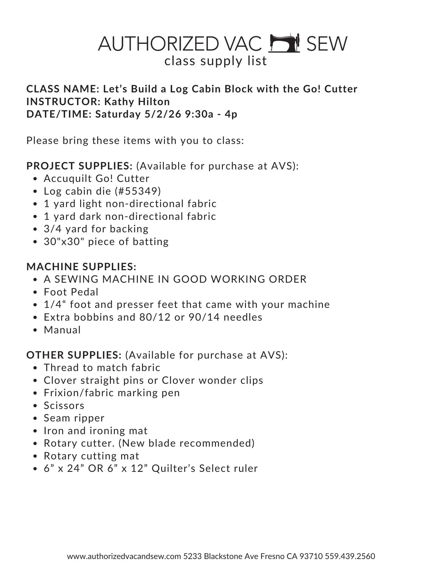 Accuquilt Log Cabin Block 5/2/26 9:30a - 4p