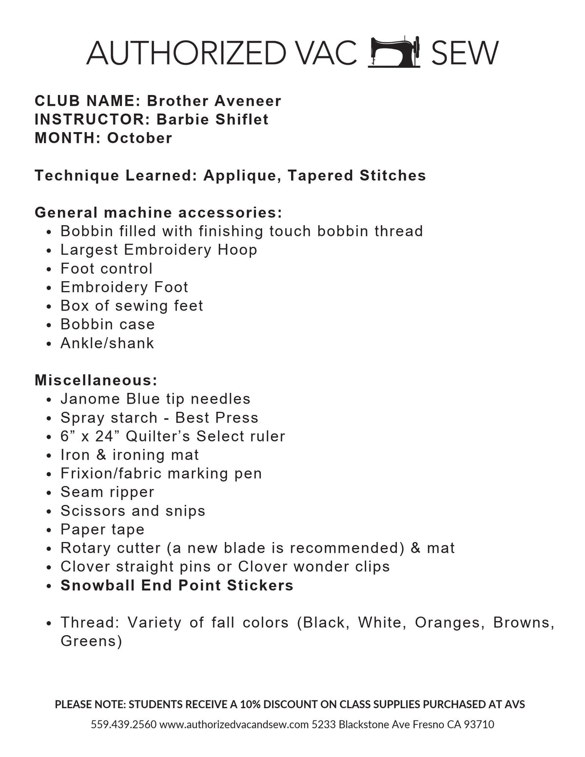 Aveneer Club 10/9/26 9a-12:30p