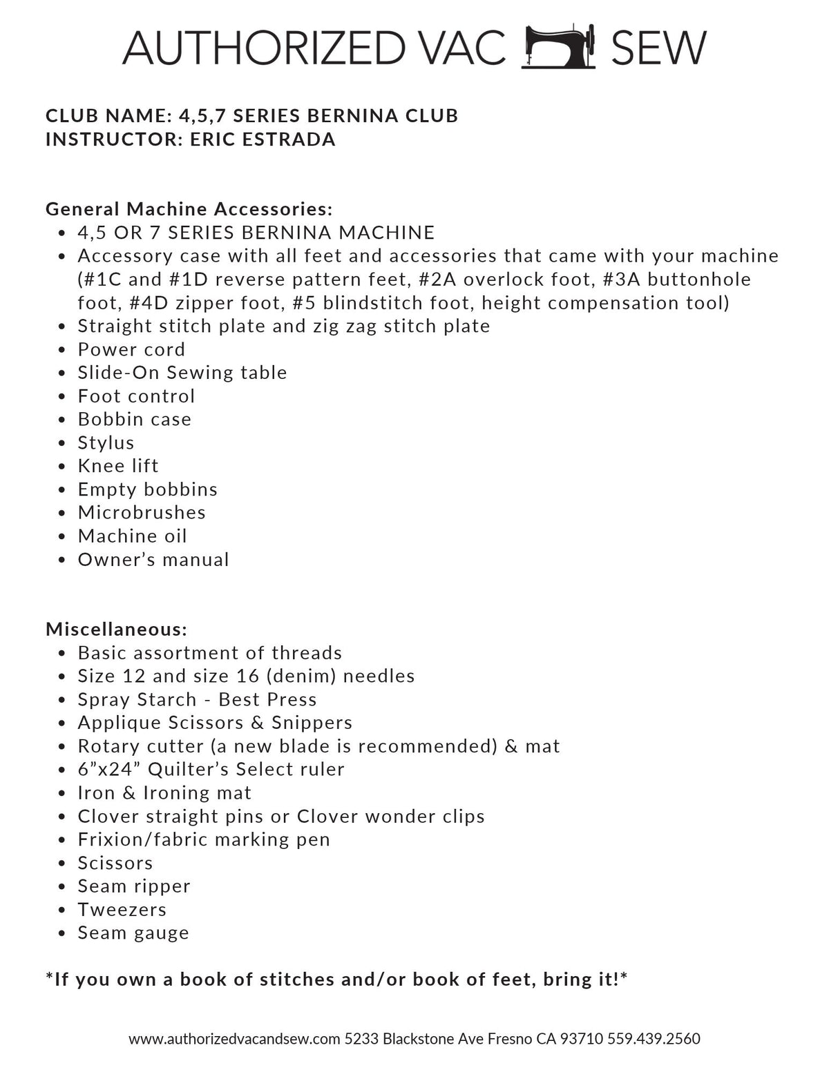 4,5,7 Series BERNINA Club 11/13/26 9a-12:30p