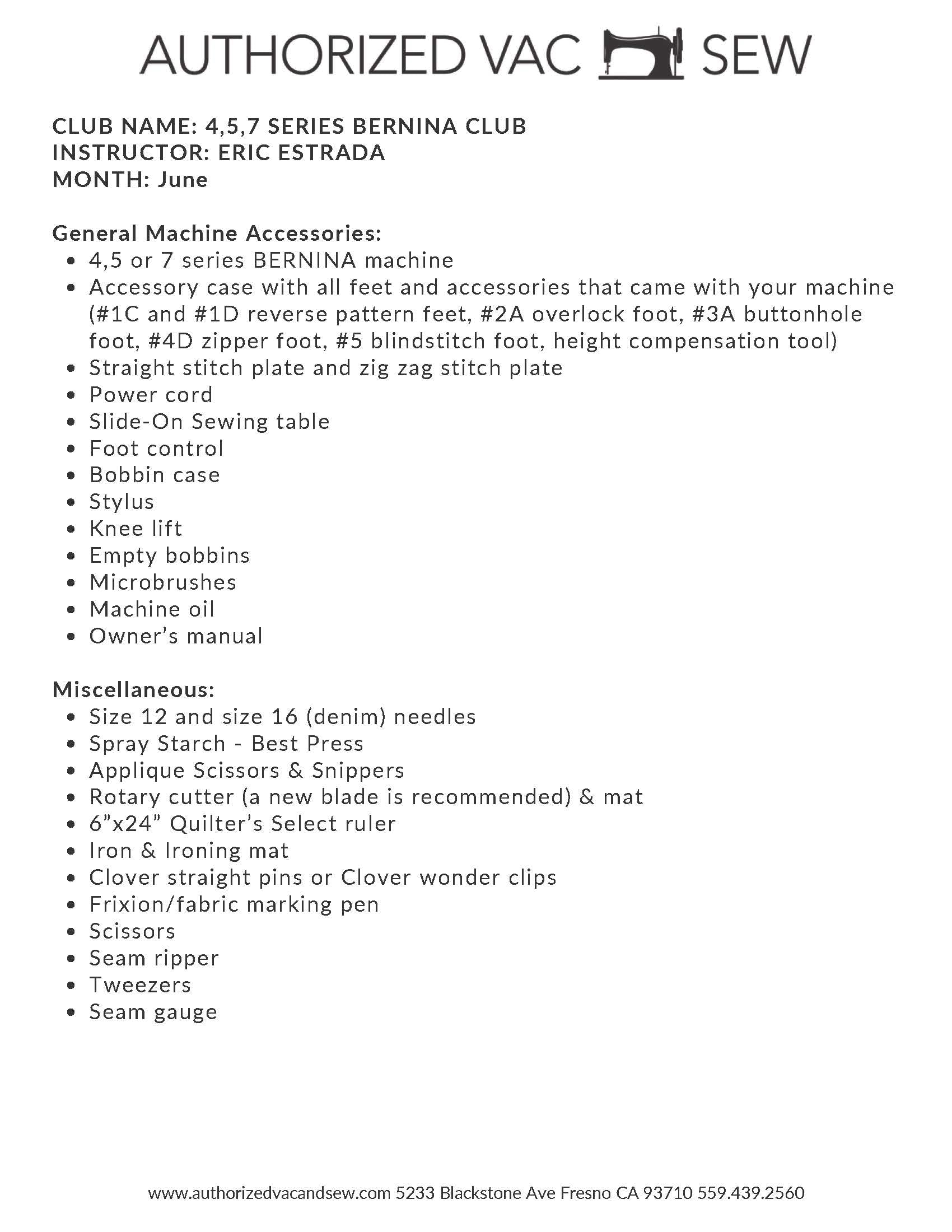 4,5,7 Series BERNINA Club 6/19/26 9am-12:30pm