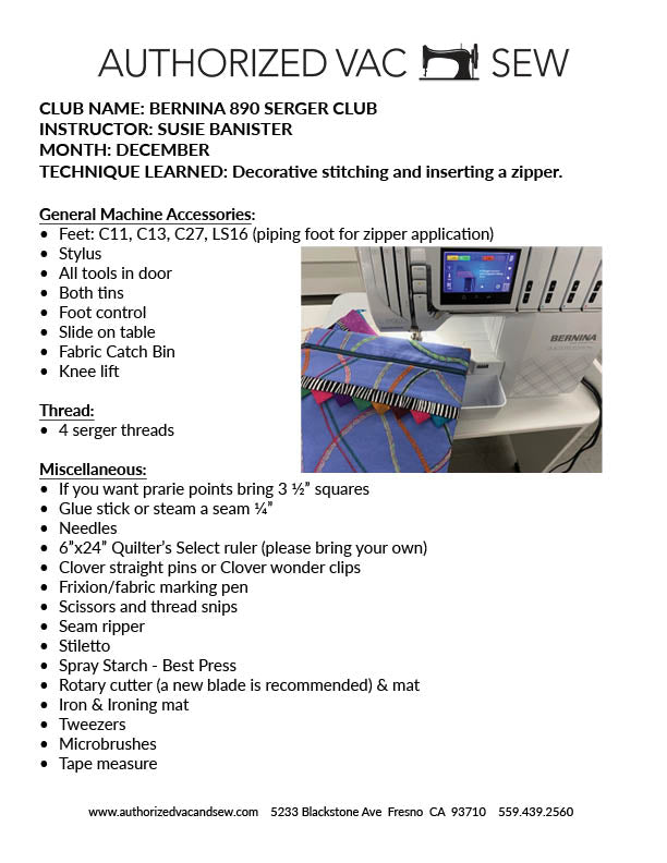 BERNINA L890 Serger Club 12/13/25 1pm-4:30pm