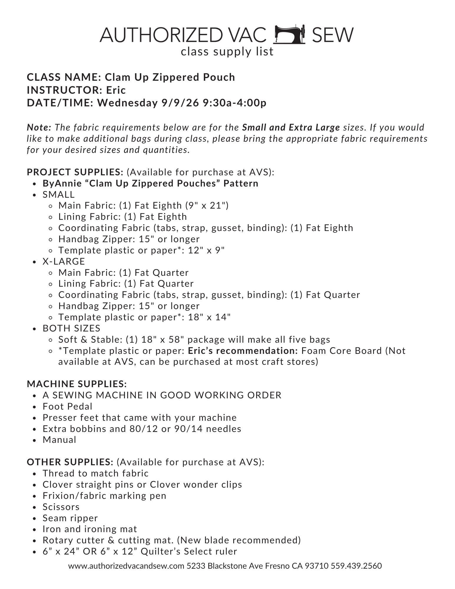 Clam Up Zippered Pouch 9/9/26 9:30a-4p