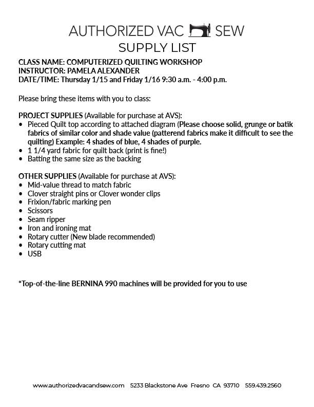 Computerized Quilting Workshop 1/15/26 and 1/16/26 9:30a - 4p