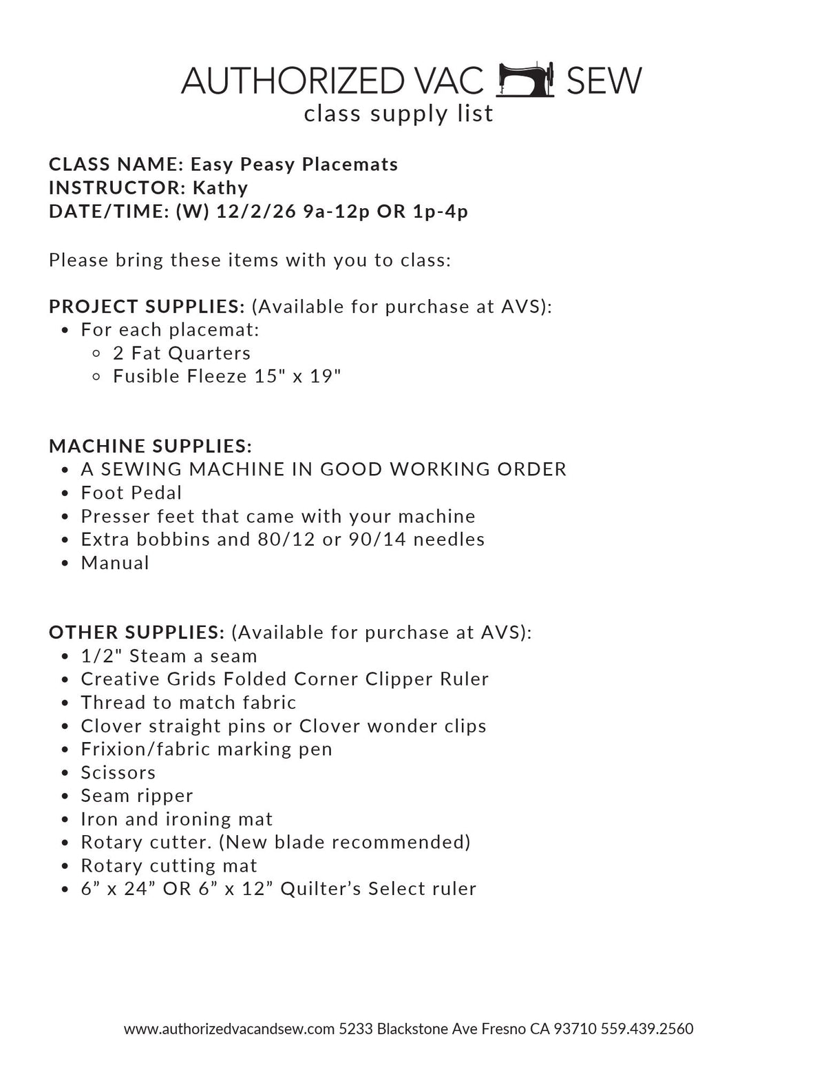 Easy Peasy Placemats 12/2/26 1p-4p