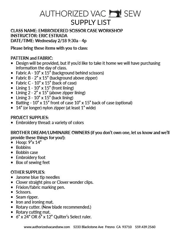 Embroidered Scissor Case Workshop 2/18/26 9:30a - 4p