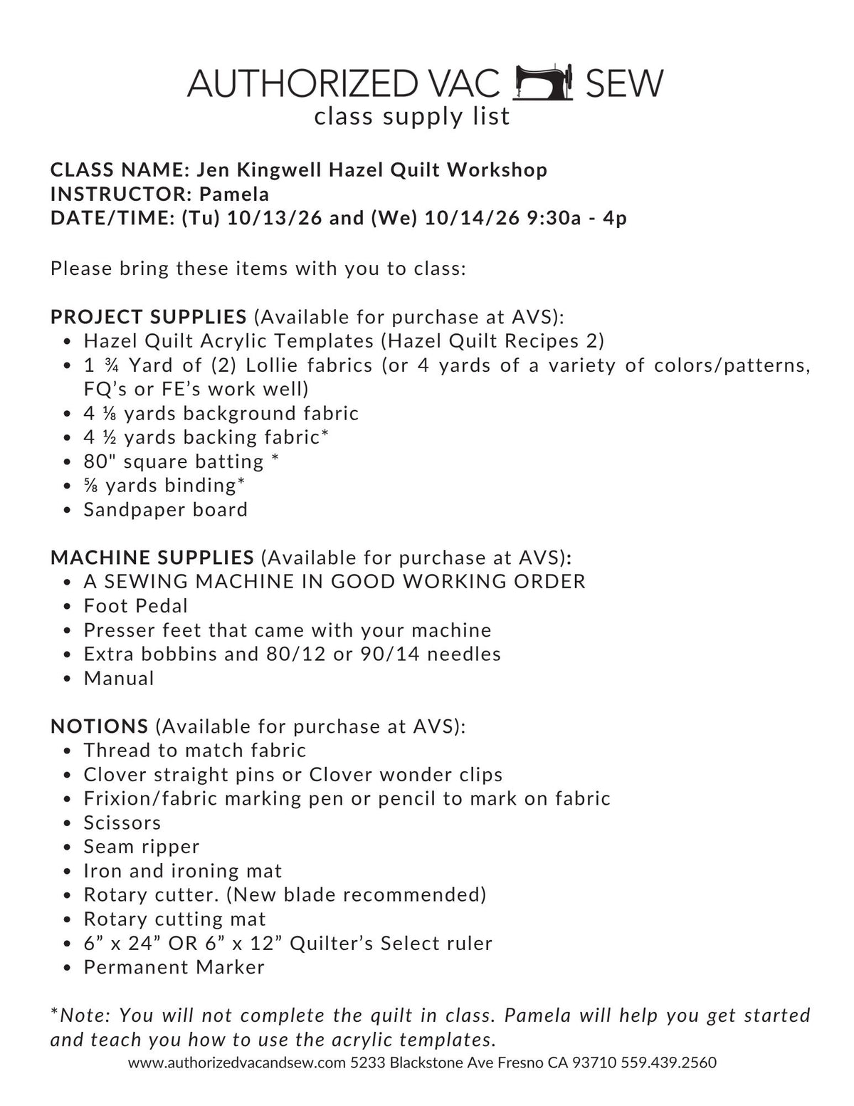 Jen Kingwell Hazel Quilt Workshop 10/13/26 and 10/14/26 9:30a - 4p