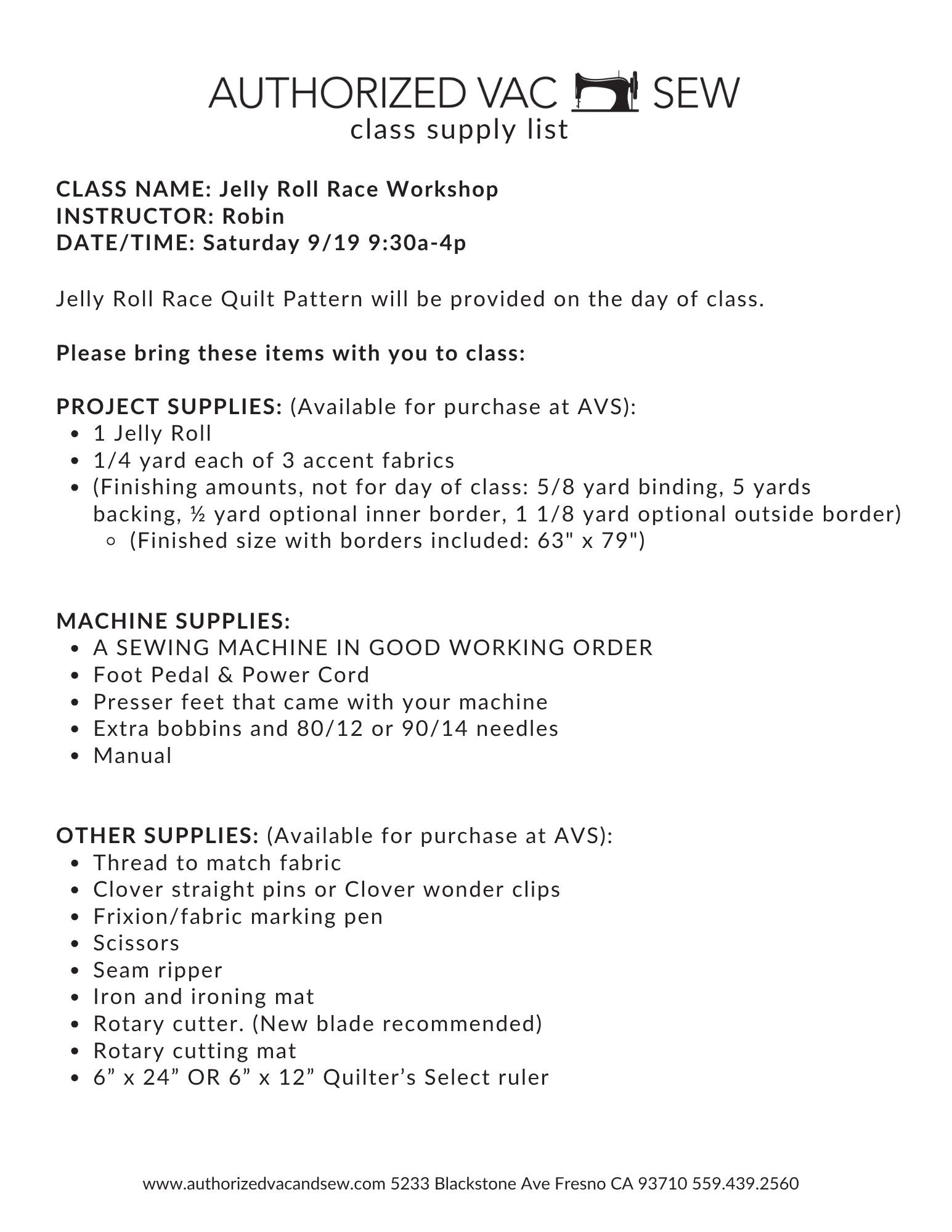 Jelly Roll Race Workshop 9/19/26 9:30a - 4p