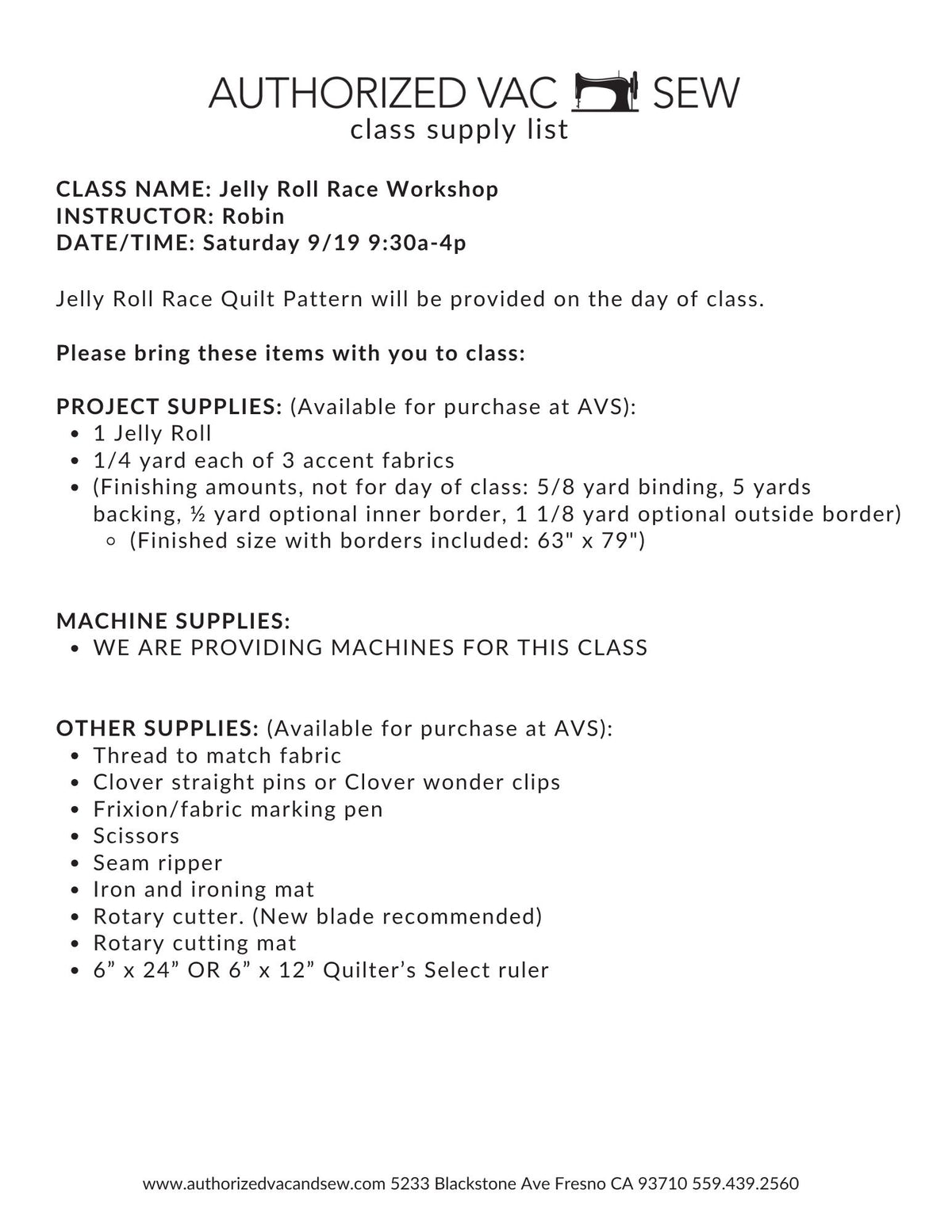 Jelly Roll Race Workshop 9/19/26 9:30a - 4p