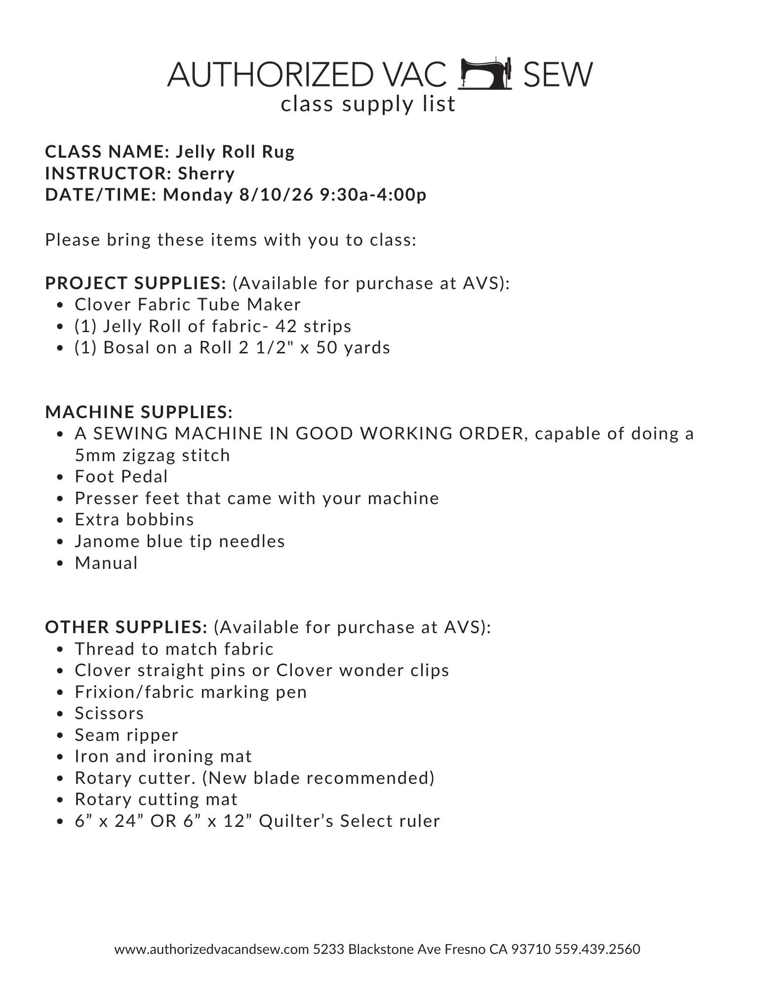 Jelly Roll Rug 8/10/26 and 8/11/26 9:30a-4p