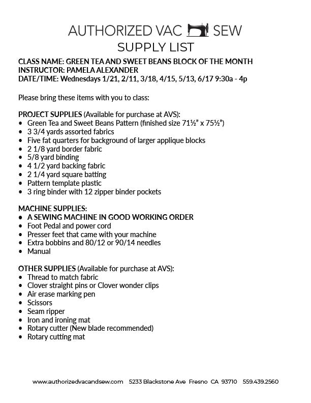 Green Tea and Sweet Beans Jen Kingwell BOM 1/21/26, 2/11/26, 3/18/26, 4/15/26, 5/13/26, 6/17/26 9:30a - 4p