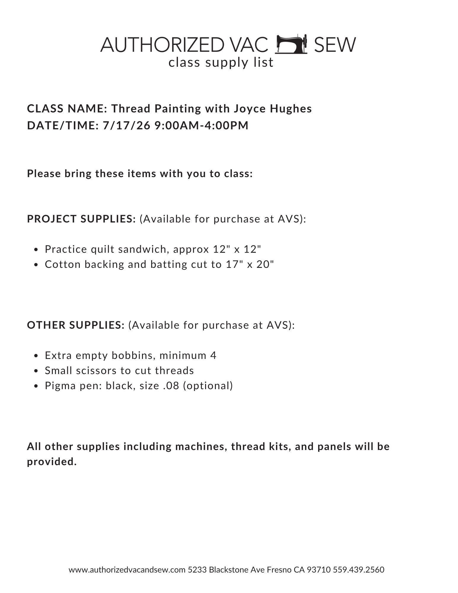 Thread Painting with Joyce Hughes 7/17/26 9a - 4p
